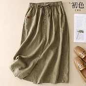 【初色】素色簡約棉麻風抽繩鬆緊腰寬鬆A字裙半身裙中長裙-34881(L/XL可選) L 卡其色