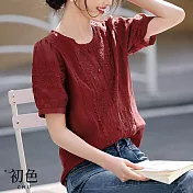 【初色】純色復古蕾絲刺繡泡泡袖短袖圓領襯衫上衣女上衣-紅色-34827(M-2XL可選) M 紅色