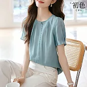 【初色】法式純色輕薄圓領短袖襯衫上衣女上衣-藍色-34830(M-3XL可選) M 藍色