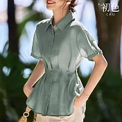 【初色】簡約風單排釦收腰顯瘦翻領短袖襯衫上衣女上衣-綠色-34863(M-2XL可選) 2XL 綠色