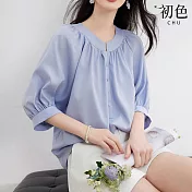【初色】寬鬆純色開領燈籠袖五分短袖襯衫上衣女上衣-共2色-34969(M-2XL可選) XL 藍色