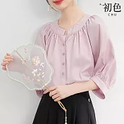 【初色】寬鬆純色開領燈籠袖五分短袖襯衫上衣女上衣-共2色-34969(M-2XL可選) XL 粉色