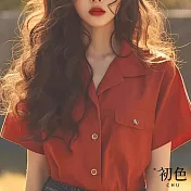 【初色】法式純色翻領短袖T恤襯衫上衣復古風口袋女上衣-紅色-34746(M-2XL可選) L 紅色