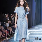 【初色】法式半排扣系帶收腰顯瘦棉麻風短袖素色連身裙洋裝-藍色-34917(M-2XL可選) M 藍色