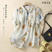 【AMIEE】棉麻印花中國風復古小排扣襯衫(KDTY-2093) M 葵花