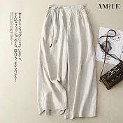 【AMIEE】棉麻鬆緊腰九分褲(KDPY-8009) M 米色