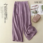 【AMIEE】棉麻鬆緊腰九分褲(KDPY-8009) M 紫色