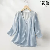 【初色】薄款純色修身V領七分長袖單排扣襯衫上衣女上衣-天藍色-35076(M-3XL可選) M 天藍色