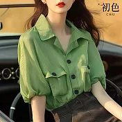 【初色】純色簡約翻領排扣短袖泡泡袖寬鬆雪紡襯衫雪紡衫上衣女上衣-綠色-35059(M-2XL可選) 2XL 綠色