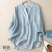 【初色】棉麻風格純色透膚涼感寬鬆半開領七分袖襯衫上衣女上衣-共3色-34852(M-2XL可選) M 淺藍色
