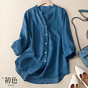 【初色】棉麻風格純色透膚涼感寬鬆半開領七分袖襯衫上衣女上衣-共3色-34852(M-2XL可選) XL 深藍色