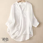 【初色】棉麻風格純色透膚涼感寬鬆半開領七分袖襯衫上衣女上衣-共3色-34852(M-2XL可選) XL 白色