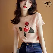 【初色】法式純色花卉印花圓領短袖T恤針織衫上衣女上衣-粉色-35024(F可選) F 粉色