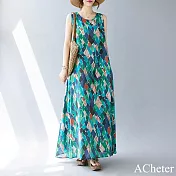 【ACheter】 波西米亞加大無袖圓領數碼印花背心長版洋裝# 122670 XL 藍色