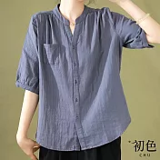 【初色】無印風素色棉麻圓領五分袖短袖襯衫上衣女上衣-共3色-35007(M-4XL可選) M 藍色