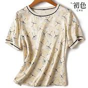 【初色】銀杏葉印花拼接圓領短袖T恤寬鬆雪紡衫上衣女上衣-杏色-34887(M-3XL可選) M 杏色