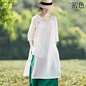 【初色】中國風禪意純色開岔綁帶盤扣寬鬆V領五分袖上衣女上衣-白色-35130(M-2XL可選) 2XL 白色