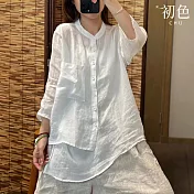 【初色】素色棉麻透氣輕薄不規則設計休閒立領七分袖襯衫上衣女上衣-共4色-35133(M-2XL可選) M 白色
