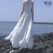 【初色】法式顯瘦純色清涼圓領不規則下擺設計無袖吊帶裙連衣裙連身洋裝長洋裝-共2色-35137(L/XL可選) L 白色