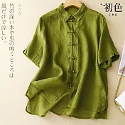 【初色】棉麻風輕薄翻領短袖新中式盤扣襯衫上衣女上衣-共4色-35106(M-2XL可選) M 綠色