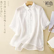 【初色】棉麻風輕薄翻領短袖新中式盤扣襯衫上衣女上衣-共4色-35106(M-2XL可選) M 白色