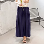【ACheter】 莫代爾感棉料百褶裙復古高腰半身風琴裙大擺長裙# 122728 FREE 藏青色