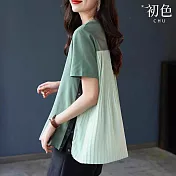 【初色】純色寬鬆拼接圓領短袖T恤上衣女上衣-綠色-34422(M-2XL可選) L 綠色