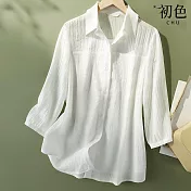 【初色】純色拼接輕薄紋理翻領七分長袖襯衫上衣女上衣-共2色-34427(M-3XL可選) L 白色