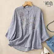 【初色】棉麻風素色刺繡立領七分長袖襯衫上衣女上衣-共4色-35127(M-2XL可選) 2XL 藍色