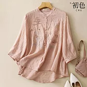 【初色】棉麻風素色刺繡立領七分長袖襯衫上衣女上衣-共4色-35127(M-2XL可選) 2XL 粉色