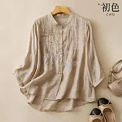 【初色】棉麻風素色刺繡立領七分長袖襯衫上衣女上衣-共4色-35127(M-2XL可選) 2XL 卡其色