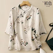 【初色】新中式復古風植物花卉印花立領五分短袖襯衫上衣女上衣-白色-35167(M-2XL可選) M 白色