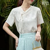 【初色】新中式緹花純色泡泡袖寬鬆V領短襯衫上衣女上衣-白色-35089(M-3XL可選) M 白色