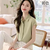 【初色】韓系翻領純色寬鬆輕薄落肩短袖襯衫上衣女上衣-共3色-35142(M-2XL可選) M 豆綠色