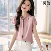 【初色】韓系翻領純色寬鬆輕薄落肩短袖襯衫上衣女上衣-共3色-35142(M-2XL可選) M 粉色