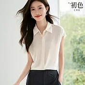 【初色】韓系翻領純色寬鬆輕薄落肩短袖襯衫上衣女上衣-共3色-35142(M-2XL可選) M 米白色