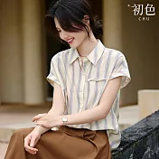 【初色】韓系翻領條紋簡約寬鬆短袖襯衫上衣女上衣-米色條紋-35318(M-3XL可選) 2XL 米色條紋