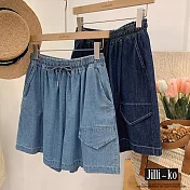 【Jilli~ko】鬆緊高腰休閒寬鬆顯瘦牛仔短褲 J11883 FREE 淺藍