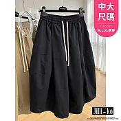 【Jilli~ko】中大尺碼鬆緊高腰繫帶休閒短裙褲 J11896  FREE 黑色