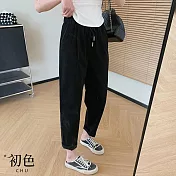 【初色】素色鬆緊腰抽繩寬鬆高腰顯瘦休閒九分長褲哈倫褲-共3色-68311(M-2XL可選) M 黑色