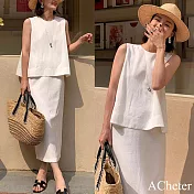【ACheter】 白色棉麻感輕奢無袖圓領短版上衣半身長裙兩件式套裝# 122869 M 白色