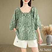 【ACheter】 大碼娃娃衫法式燈籠袖碎花七分袖襯衫短版上衣# 122881 M 綠色