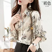 【初色】翻領印花復古蕾絲襯衫上衣女上衣-白色-66520(M-2XL可選) M 白色