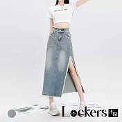 【Lockers 木櫃】開叉毛邊顯瘦A字包臀牛仔中長裙 L113081502 M 藍色