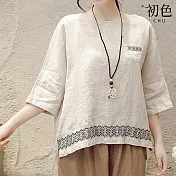 【初色】休閒圓領棉麻繡花七分袖上衣-共3色-66505(M-2XL可選) XL 麻色