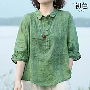 【初色】文藝風顯瘦修飾身材七分長袖緹花薄襯衫女上衣-共5色-35454(M-3XL可選) L 綠色