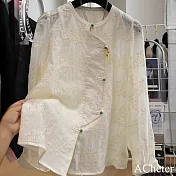 【ACheter】 中式國風重工刺繡圓領蕾絲衫薄款超好看長袖短版上衣# 122837 L 米色