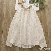 【ACheter】 清新田園風小碎花翻領精緻繡花棉質寬鬆休閒長袖襯衫短版上衣# 122752 M 杏色