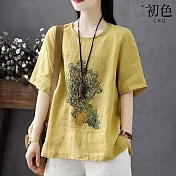 【初色】棉麻風透氣寬鬆純色圓領印花五分袖短袖T恤上衣女上衣-共3色-35748(M-3XL可選) M 黃色