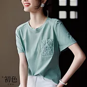 【初色】圓領刺繡短袖繡花口袋T恤上衣-共2色-34053(M-2XL可選) M 綠色